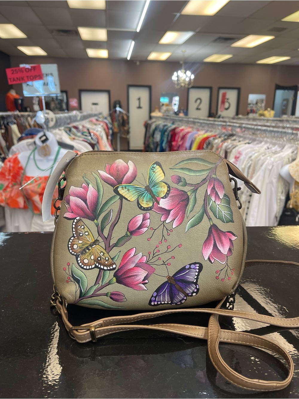 Anuschka Olive Green Floral & Butterfly Crossbody